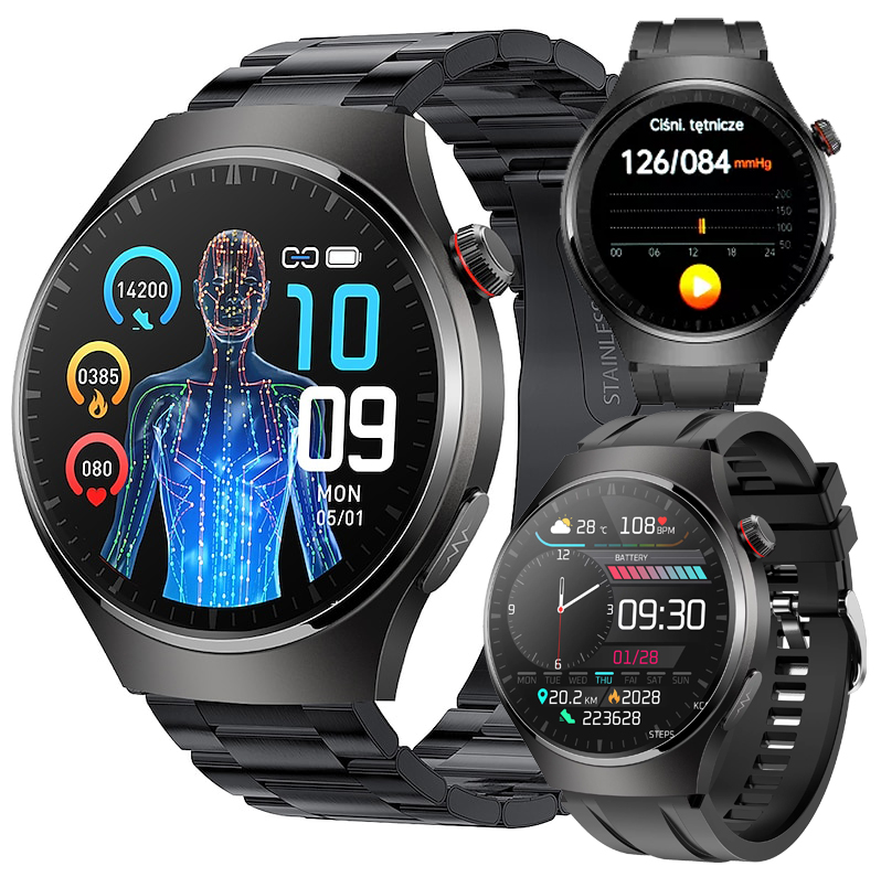ZEGAREK MĘSKI SMARTWATCH MT200 CIŚNIENIOMIERZ GLUKOMETR EKG HRV TLEN 2 PASKI J.POLSKI